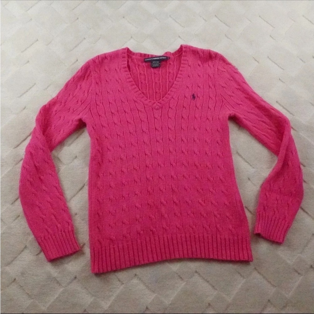 Ralph Lauren Women's V-Neck Cable Knit Sweater - Hot Pink